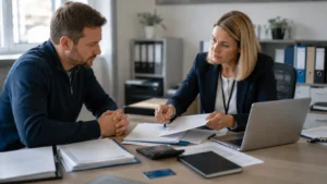 British claimant discussing DWP debt recovery and repayment arrangements with adviser