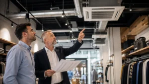Shop owner and surveyor inspecting commercial air conditioning in a UK retail property
