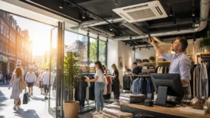 UK retail shop relying on air conditioning during an intense summer heatwave